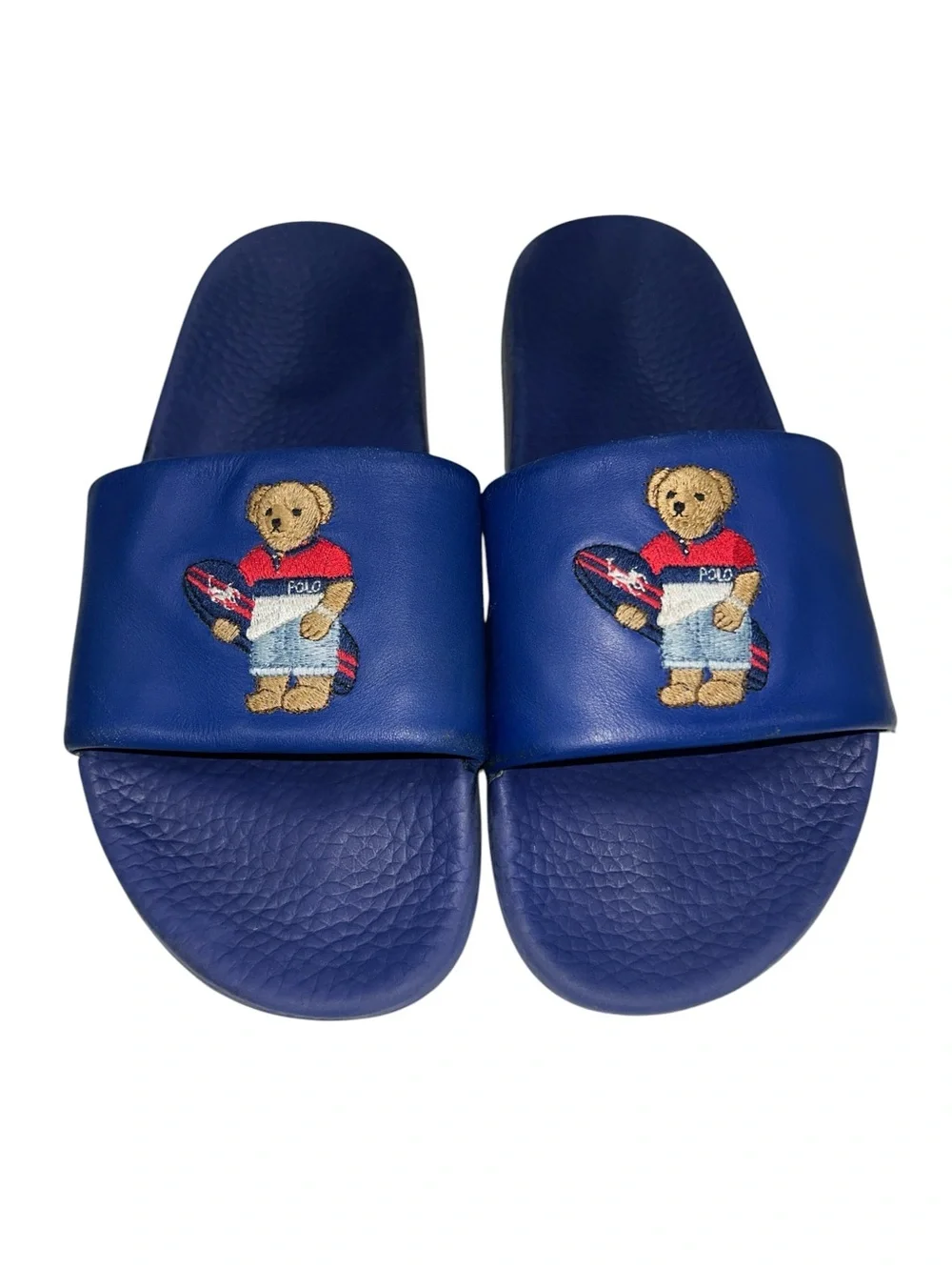 Polo Ralph Lauren Surfer Surf Bear Royal Blue Leather Upper Sandals Slides - 9